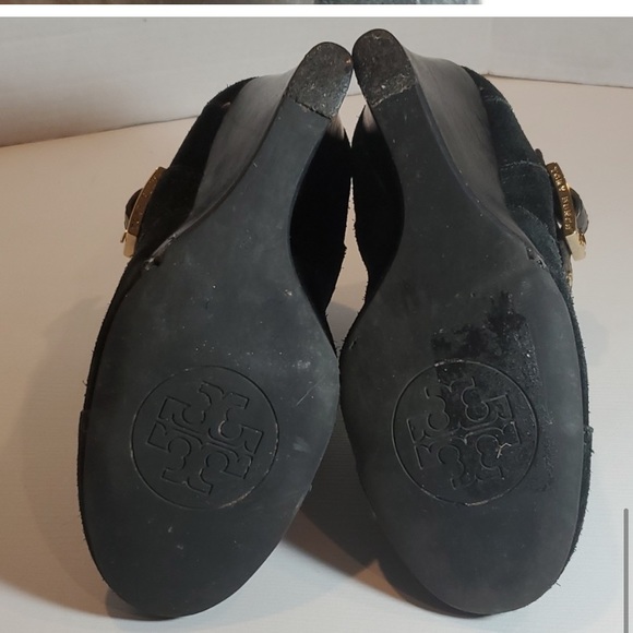 TORY BURCH Black Suede Wedge Booties w Gold Hardware - Picture 7 of 12